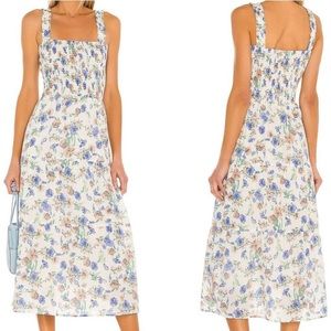 Revolve Heartloom Ronnie Prairie Tier Dress Floral Smocked White Blue Green M